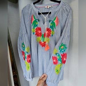 Boden Embroidered Longsleeve Blouse Women Size 10 Blue & white stripe100% Cotton